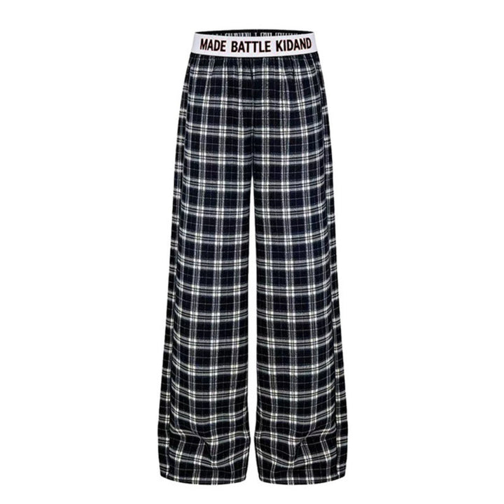 Ladies Wide Lounge Pants with Check Pattern and Elastic Logo Waistband Amarae