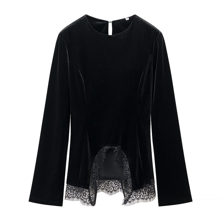 Women’s velvet blouse with lace trim and curved slit neckline Amarae