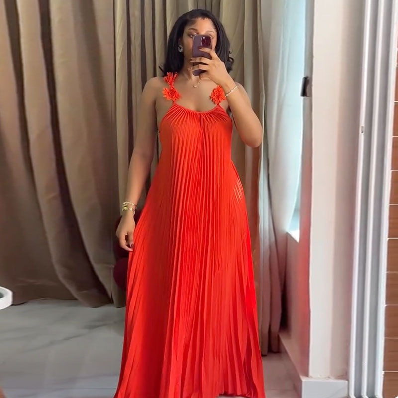 Women Elegant Maxi Dress with Casual Pleats and Decorative Shoulder Flowers Lune London