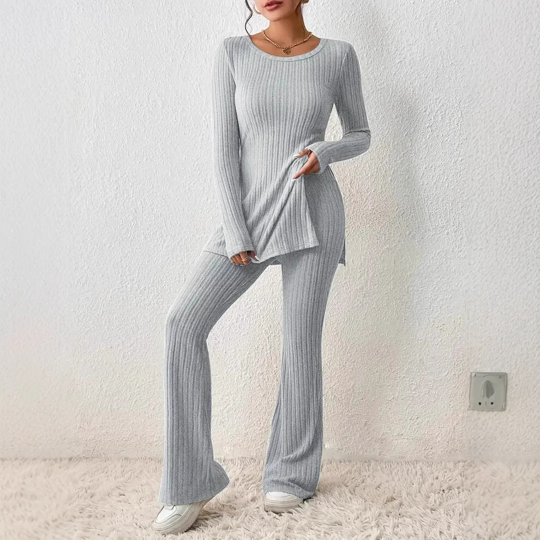 Lune London finely ribbed loungewear set for women with long sleeves and flared legs
