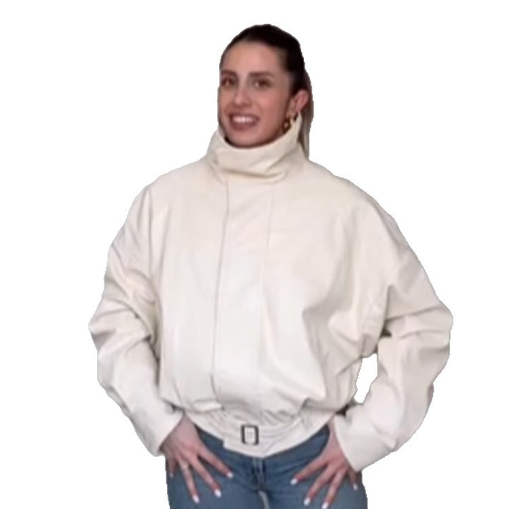 Women Oversize Short Jacket with High Standing Collar, Padded Silhouette and Adjustable Belt Amarae