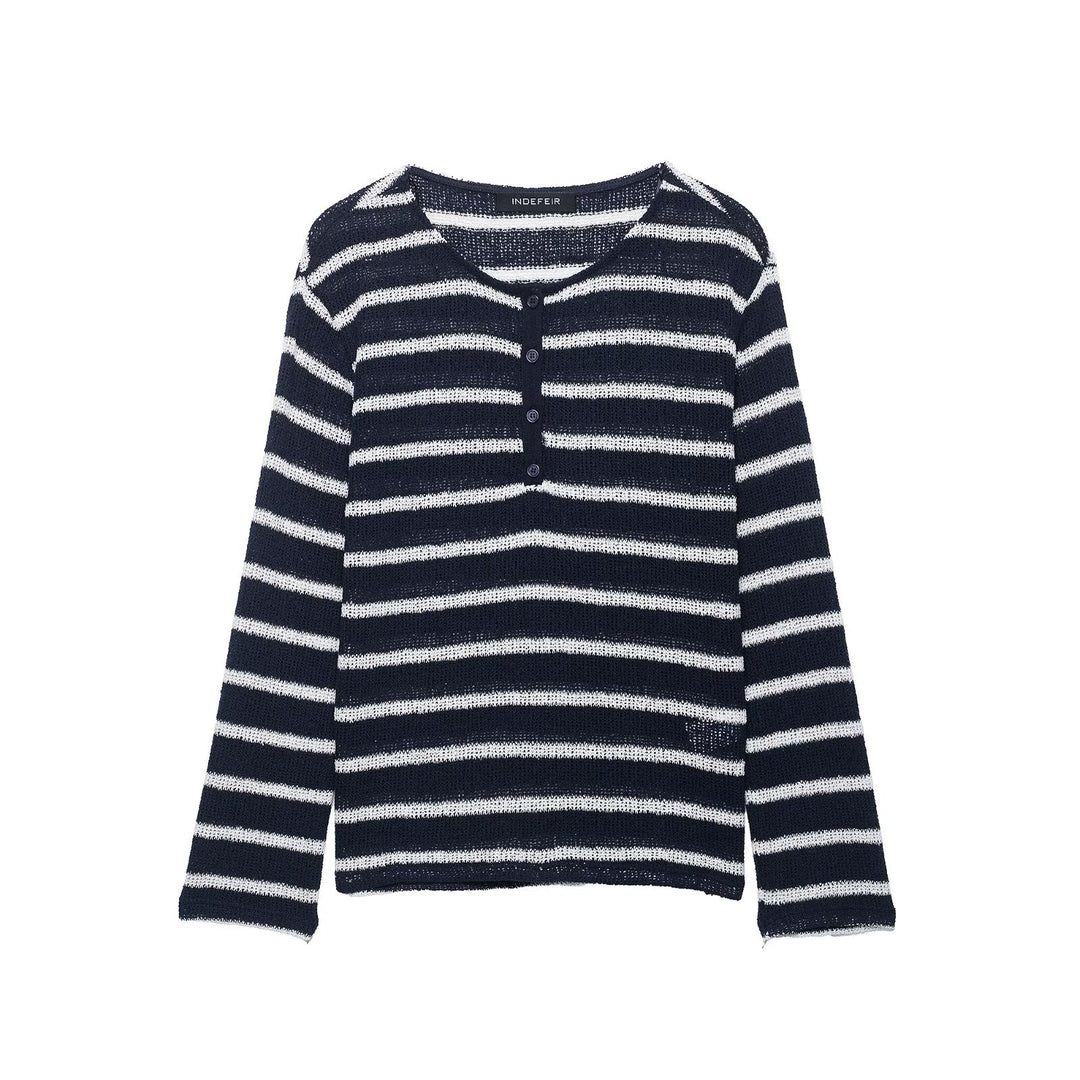 Women's striped sweater with button placket and lightweight textured knit Amarae