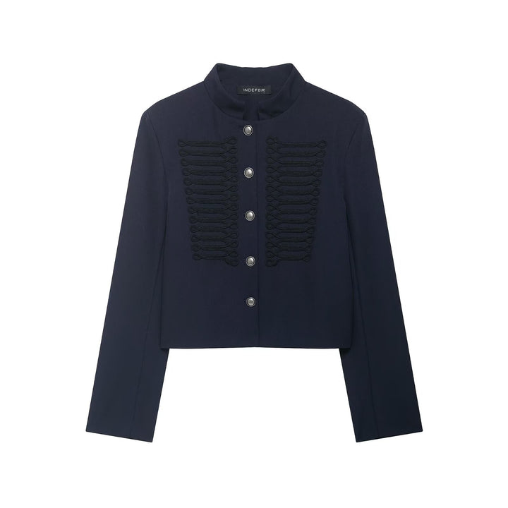 Women Short Military-Inspired Wool Blend Blazer with Stand-Up Collar and Decorative Cord Detail Amarae