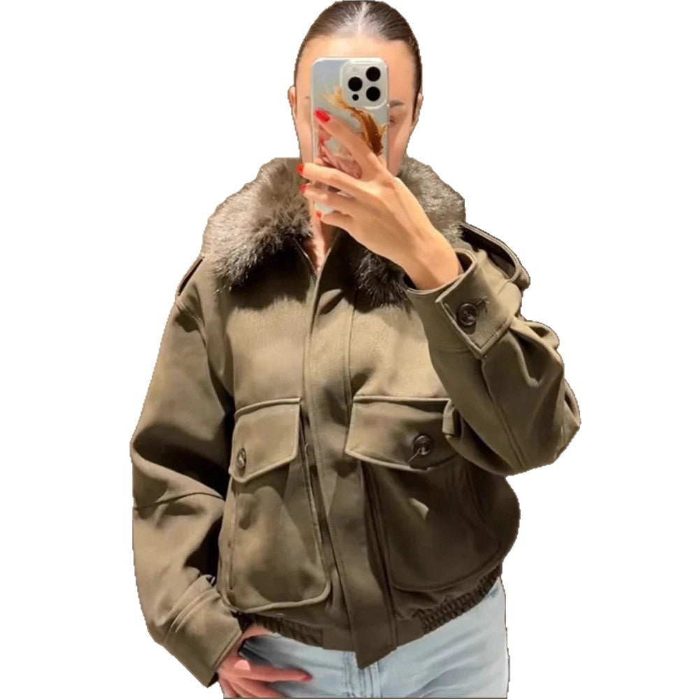 Women's pilot jacket made of suede imitation with removable faux fur collar and patch flap pockets Amarae
