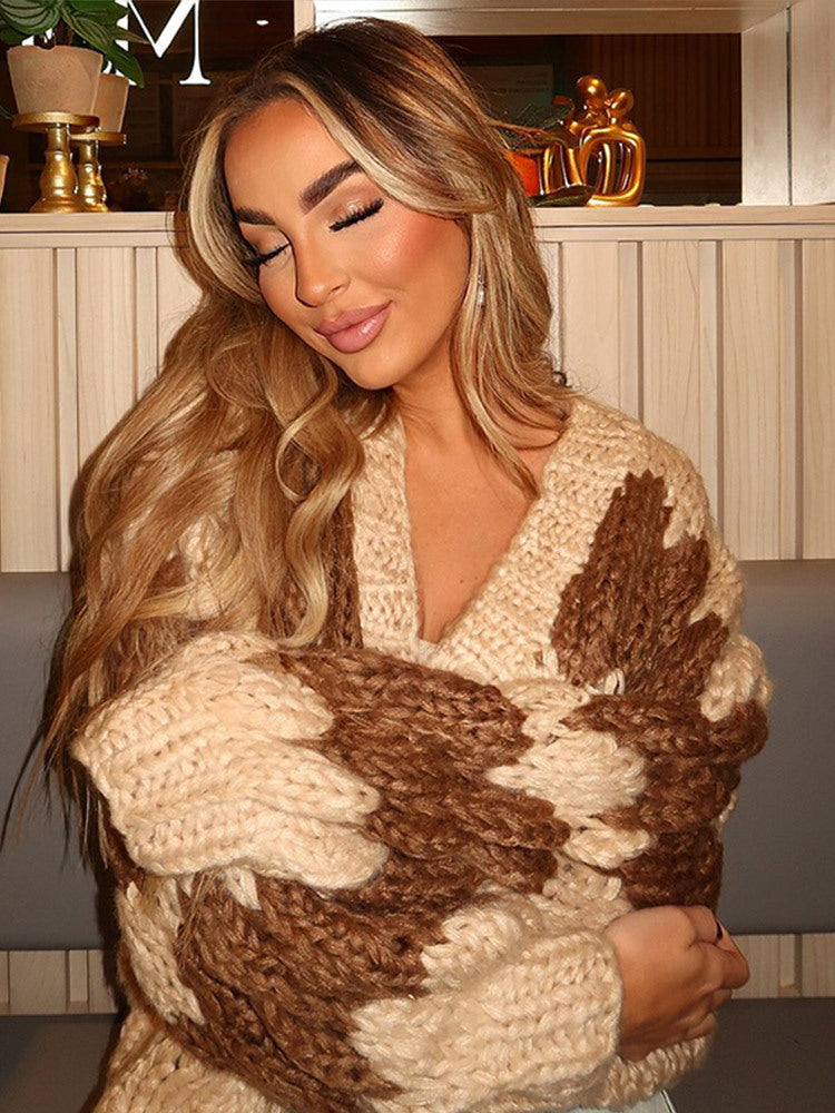 Women's Chunky Knit Cropped Cardigan with Voluminous Balloon Sleeves and Crochet Patch Details Amarae
