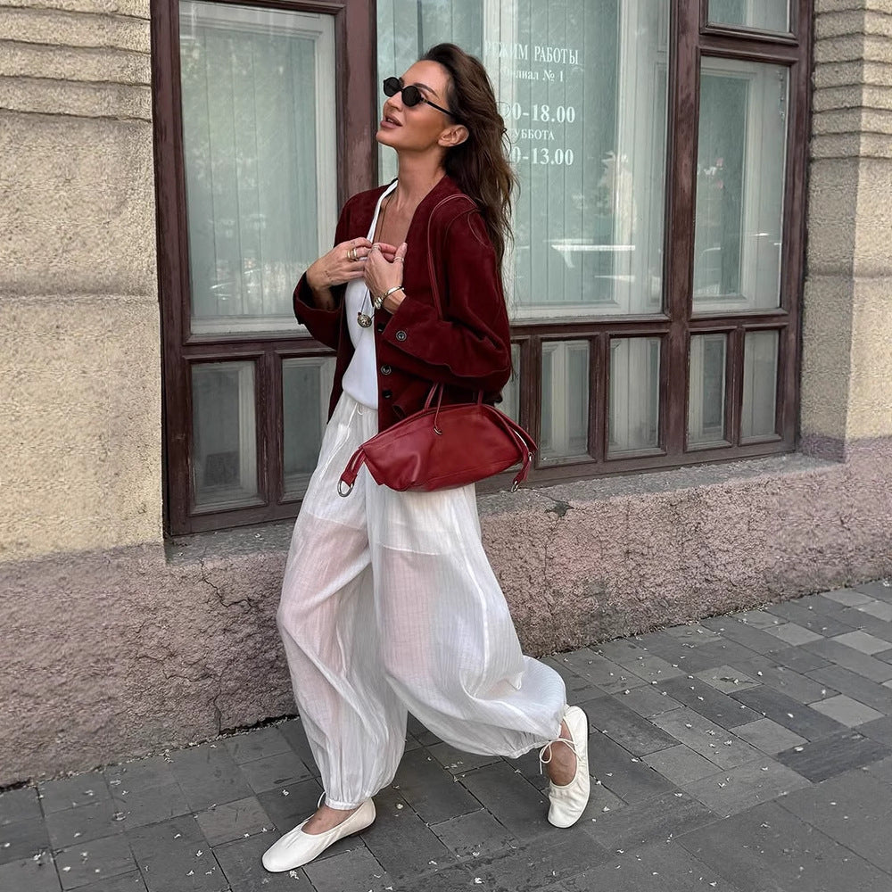 Women short-cut suede jacket with button placket and straight cut Amarae