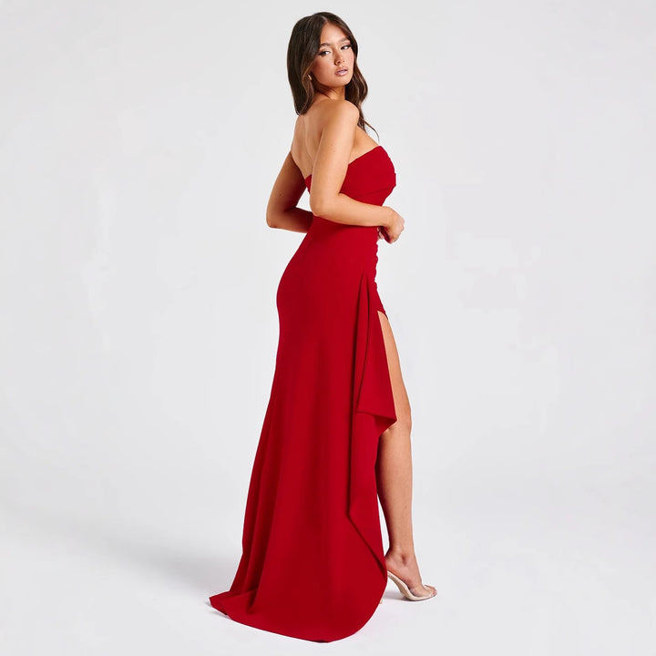 Women Elegant Strapless Evening Dress with Asymmetric Slit Lune London