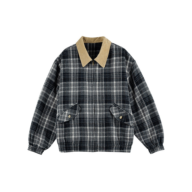 Unisex Checkered Boxy Over Shirt Jacket with Corduroy Collar, Concealed Zipper and Patch Flap Pockets Amarae