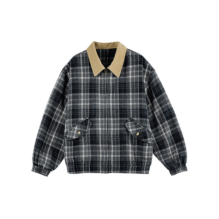 Unisex Checkered Boxy Over Shirt Jacket with Corduroy Collar, Concealed Zipper and Patch Flap Pockets Amarae