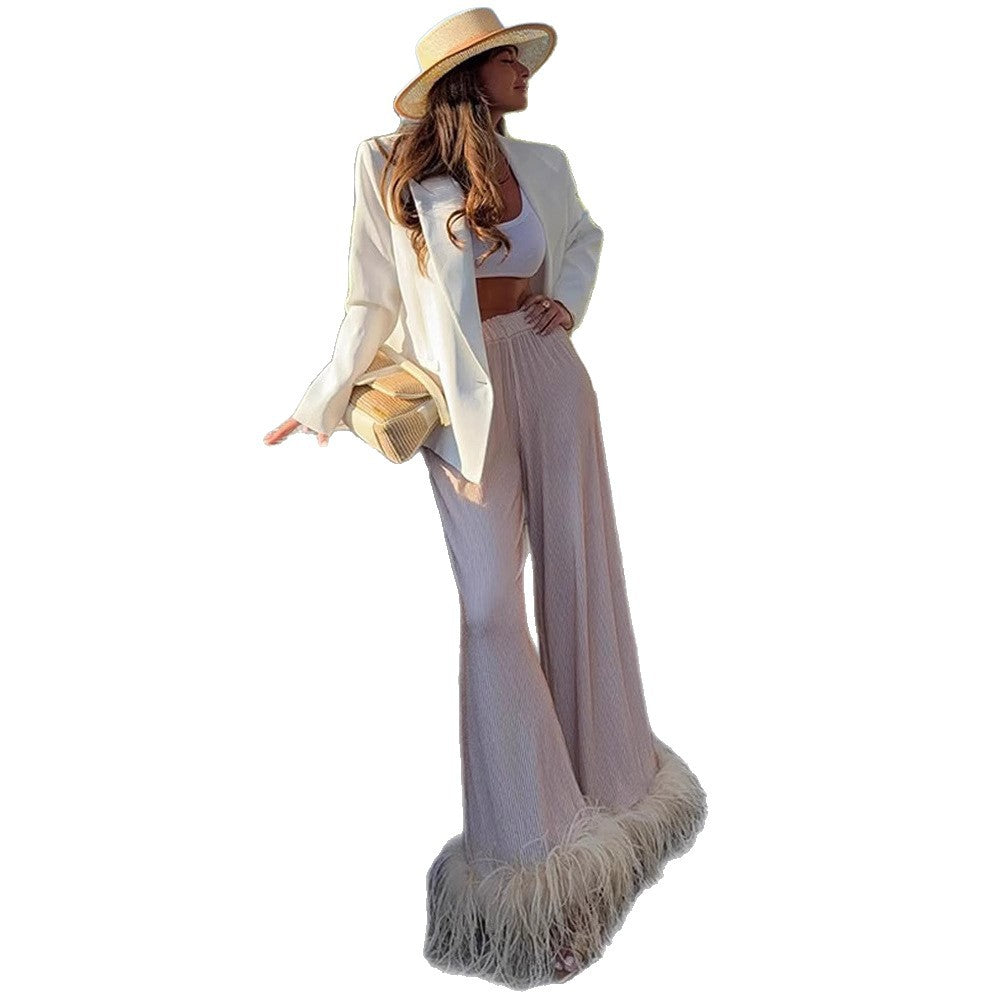 Women's Pleated Palazzo Pants with Wide Leg & Feather Trim Amarae