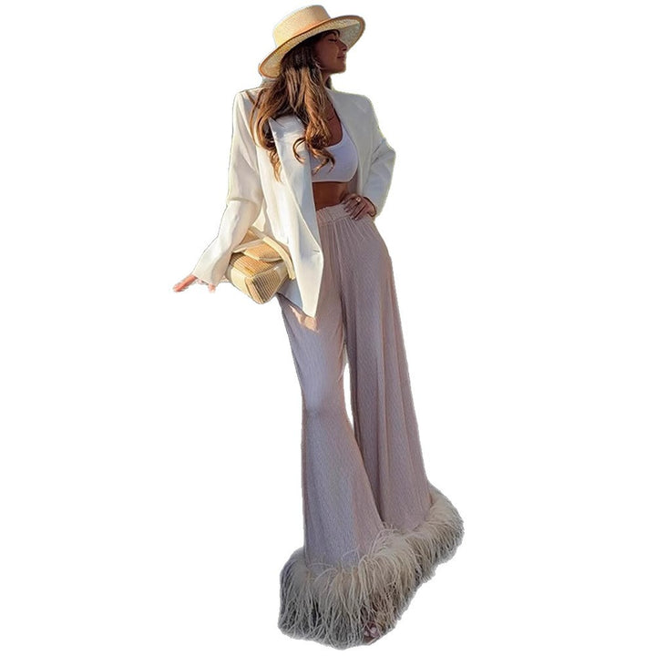 Women's Pleated Palazzo Pants with Wide Leg & Feather Trim Amarae