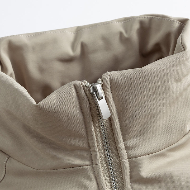 Unisex Boxy transitional jacket with high stand collar, contrasting panels and zip pockets Amarae