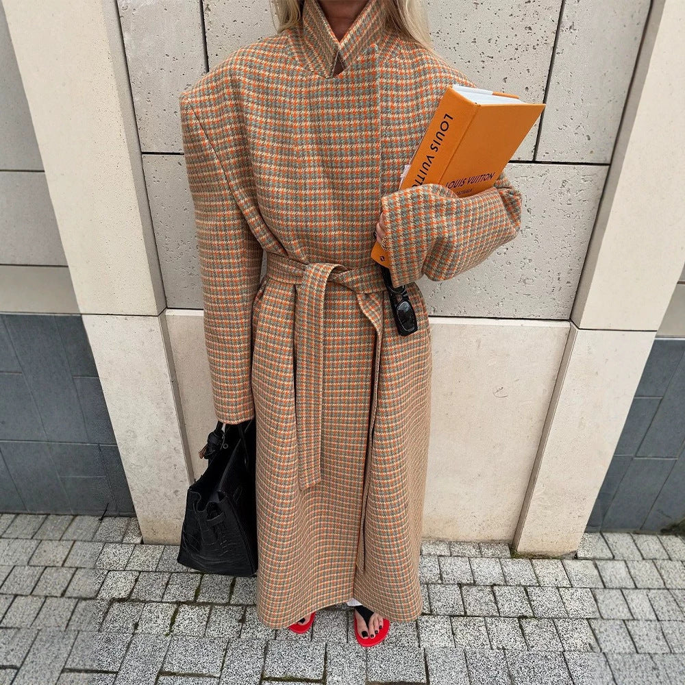 Women Oversized Wool Check Coat with Waist Belt and Emphasized Shoulder Area Amarae