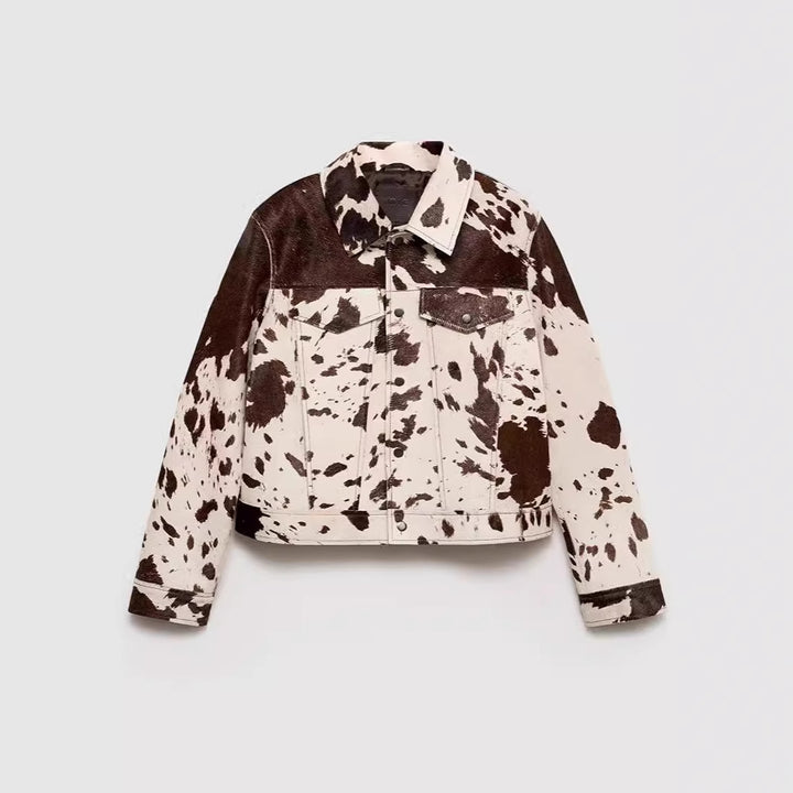 Sheepskin fashion jacket for women with striking animal pattern Lune London