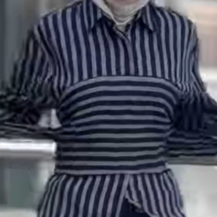 Women Striped Shirt Blouse with Waist Belt, Longer Hem and Side Slit Amarae