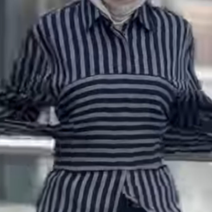 Women Striped Shirt Blouse with Waist Belt, Longer Hem and Side Slit Amarae