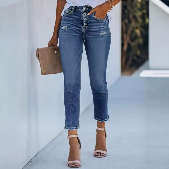 Women's High-Waisted Slim Jeans with Visible Button Placket and Ankle-Length Fit Amarae