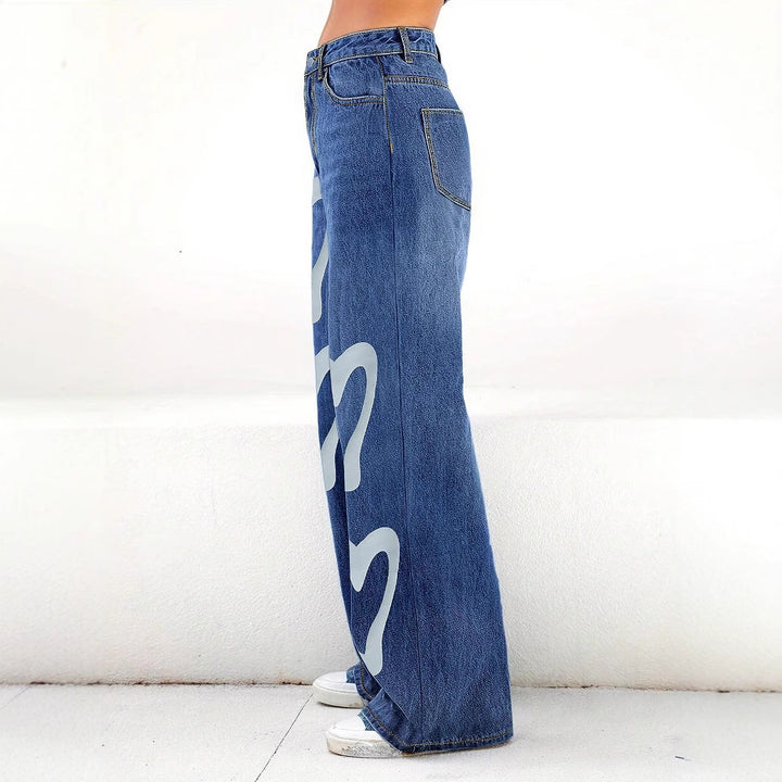 Ladies High-Waist Wide-Leg Jeans with large heart print Amarae