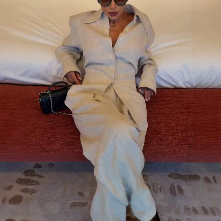 Women's Loose Linen Two-Piece with Boxy Shirt Blazer and Wide Palazzo Pants Amarae