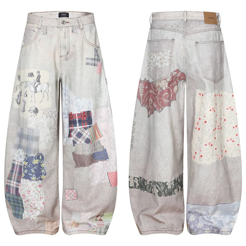 Women's Wide High-Waist Culotte Jeans with Patchwork Print and Balloon Silhouette Amarae