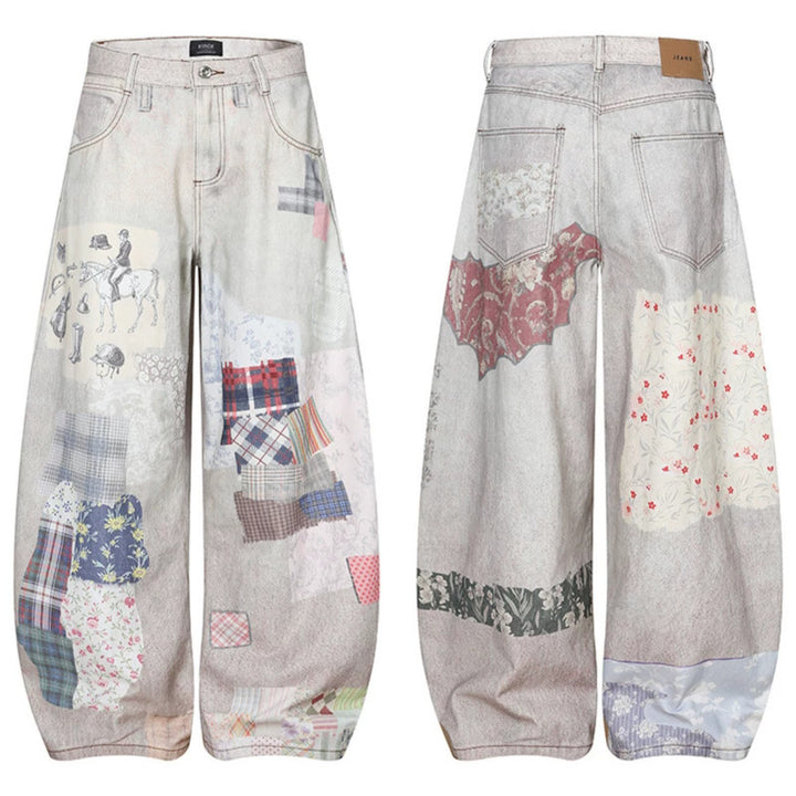 Women's Wide High-Waist Culotte Jeans with Patchwork Print and Balloon Silhouette Amarae