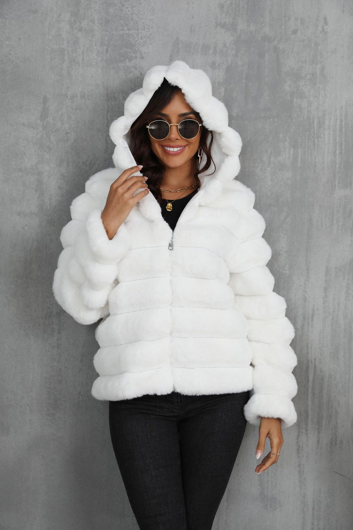 Women's faux fur hooded jacket with textured pattern Lune London