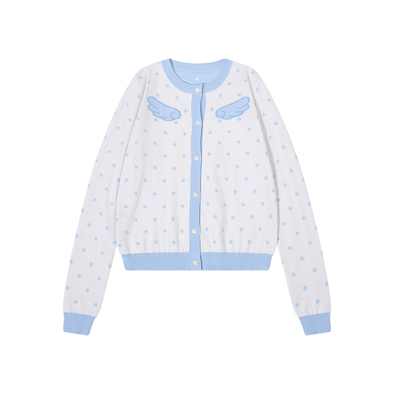 Women's Short Cropped Dotted Cardigan with Angel Wing Motif and Ribbed Cuffs Amarae
