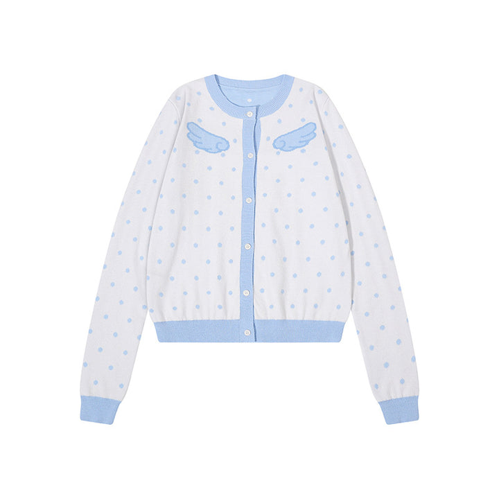 Women's Short Cropped Dotted Cardigan with Angel Wing Motif and Ribbed Cuffs Amarae