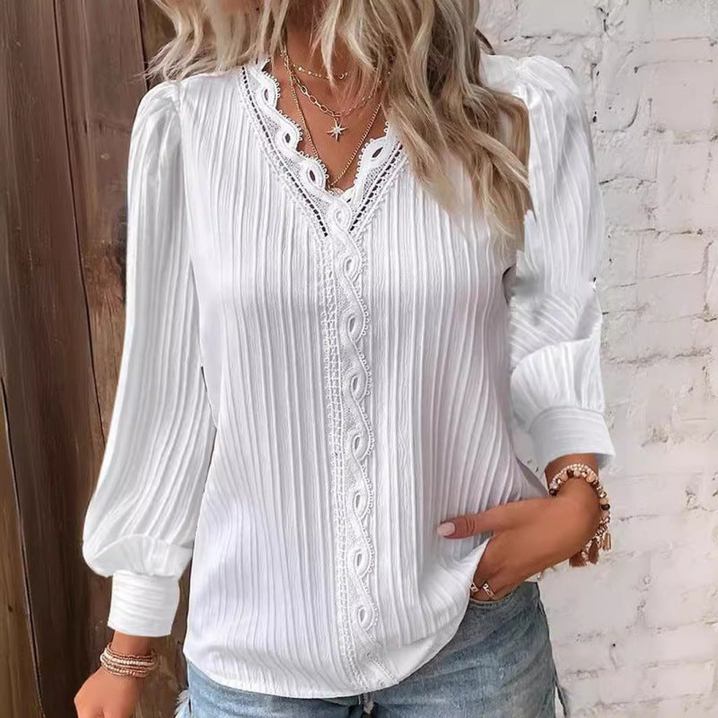 Women Pleated V-Neck Blouse with Lace Trim and Balloon Sleeves Amarae