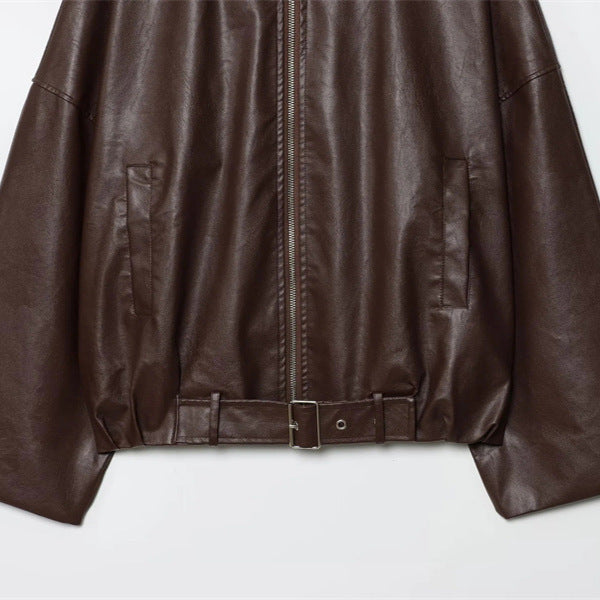 Cropped faux leather jacket for women with an urban style featuring a wide collar and practical pockets Lune London
