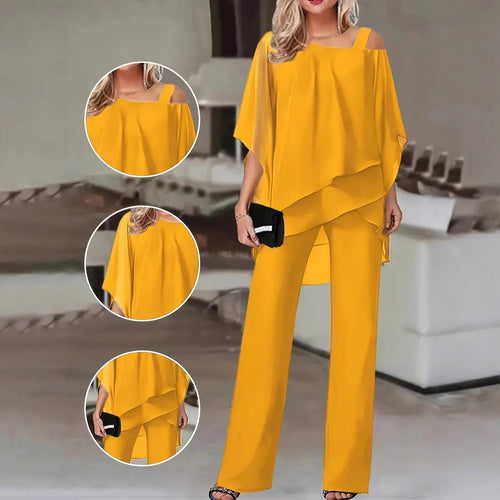 Ladies Elegant Two Piece Set with Fluid Top and Chic Flared Pants