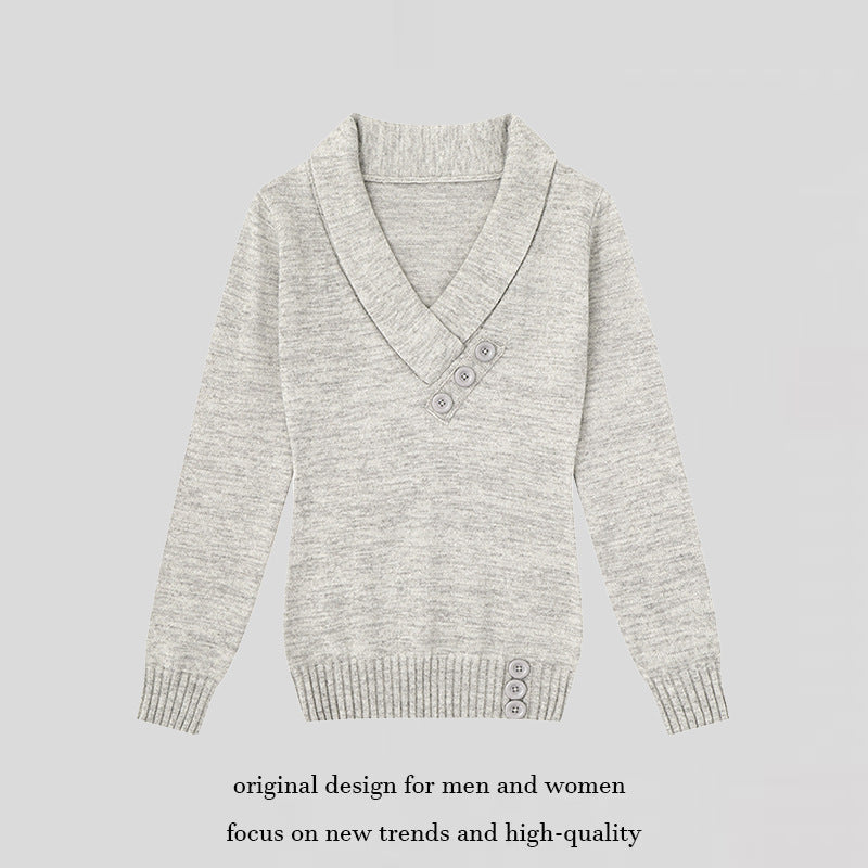 Women’s fine knit pullover with shawl collar, V-neck and decorative buttons Amarae