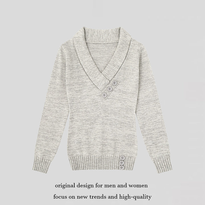 Women’s fine knit pullover with shawl collar, V-neck and decorative buttons Amarae
