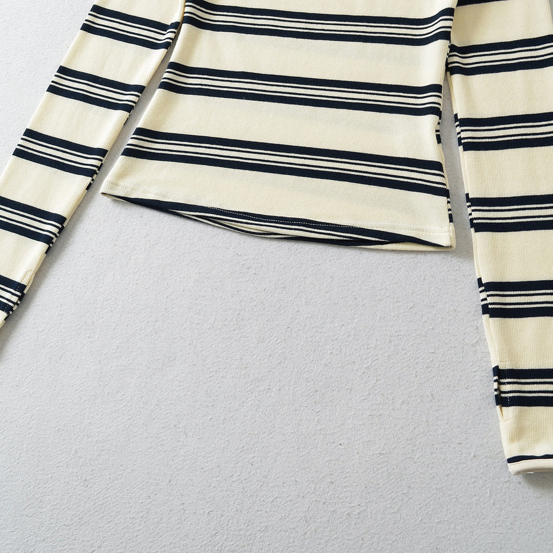 Women's Striped Fine Knit Top with Asymmetric Heart Button Detail