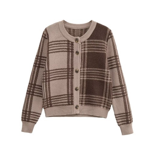 Women Plaid Knit Jacket with Button Placket and Round Neck Amarae