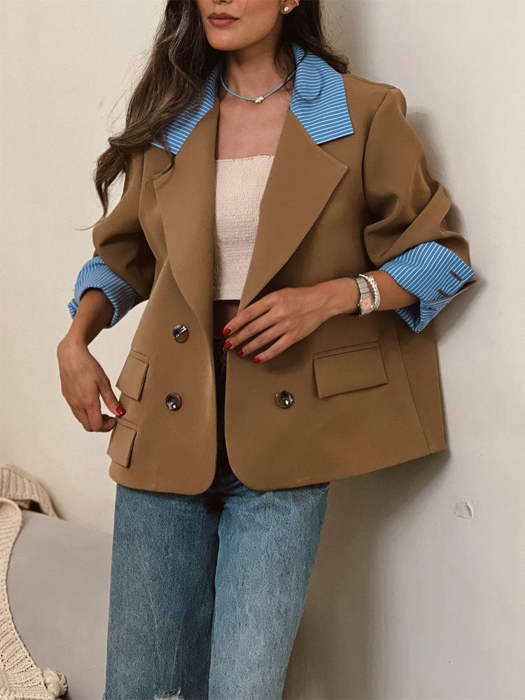 Women Oversized Double-Breasted Blazer with Contrast Collar & Cuffed Sleeves Amarae