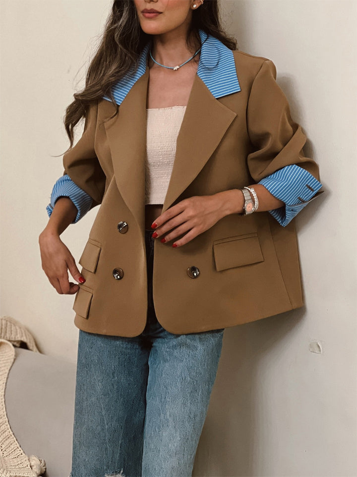 Women Oversized Double-Breasted Blazer with Contrast Collar & Cuffed Sleeves Amarae