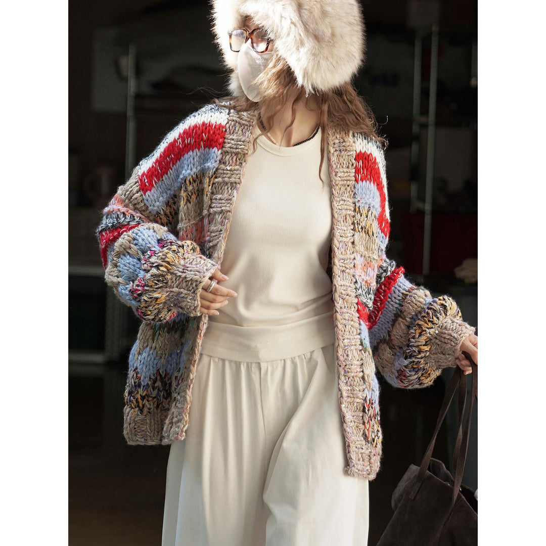 Women's chunky knit oversized cardigan with colorful block stripes and voluminous sleeves Amarae