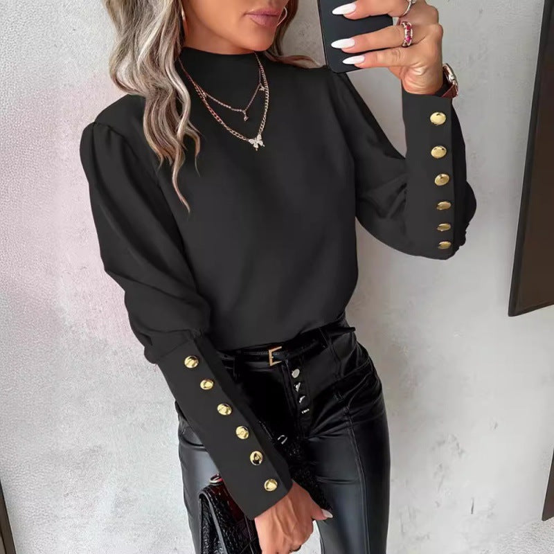 Elegant blouse for women with puff sleeves and golden button details Lune London