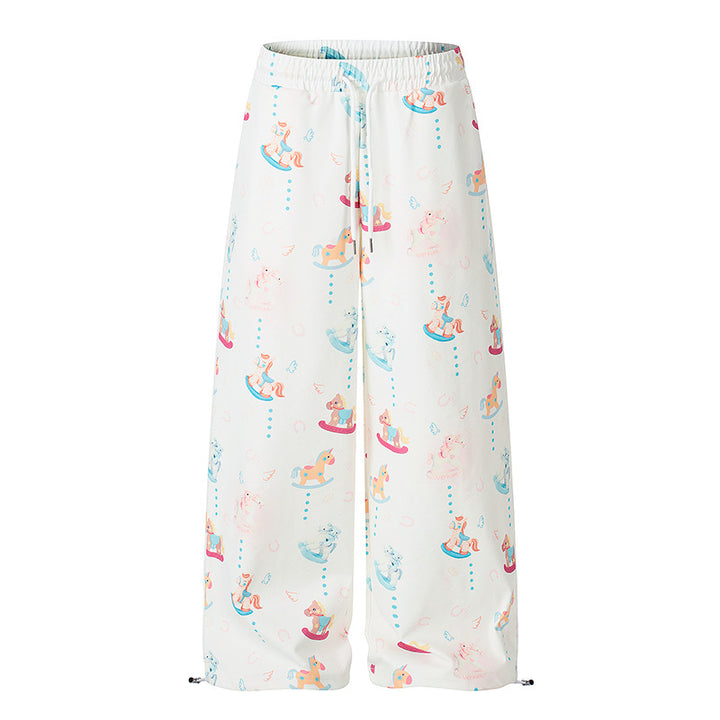 Women's Wide Palazzo Lounge Pants with Comfortable Waistband, Drawstring and Playful Rocking Horse Print Amarae