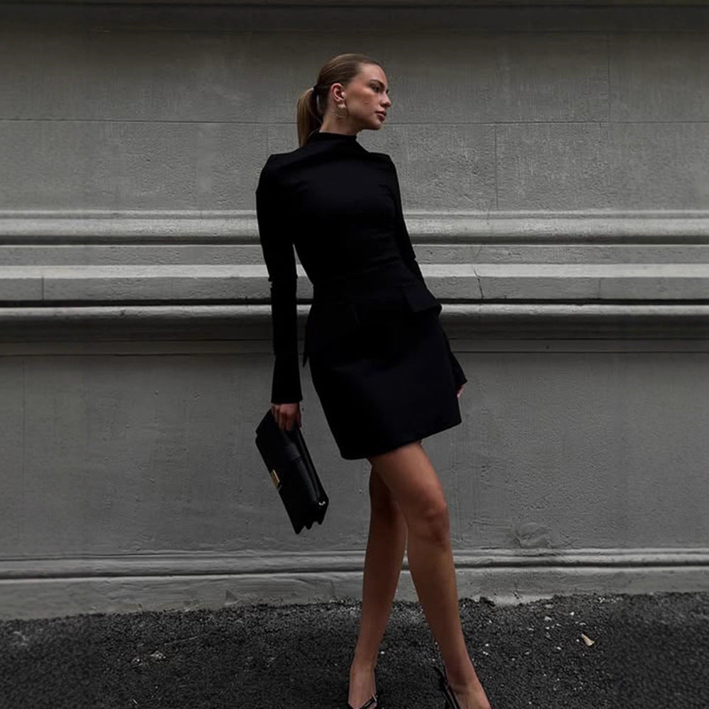 Women's Tailored Mini Dress with Stand Collar, Long Sleeves & Peplum Amarae