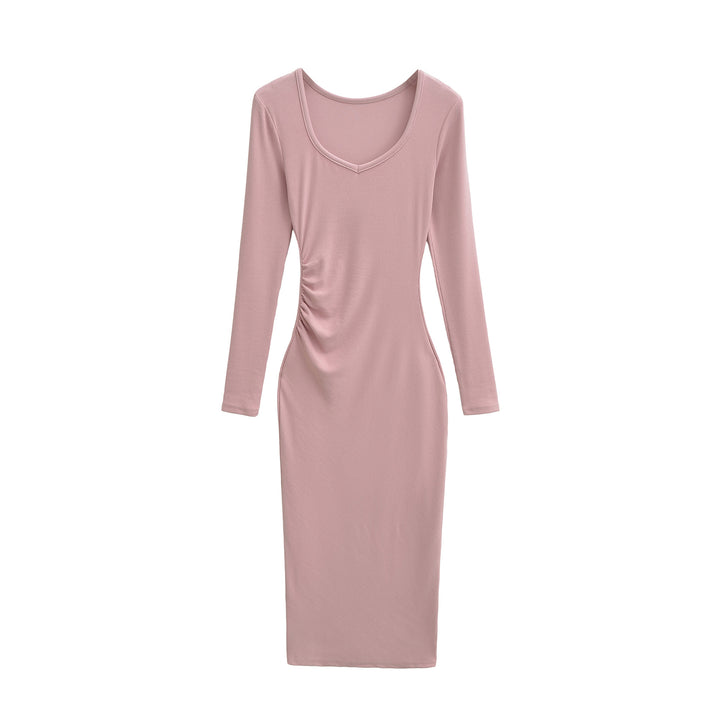 Women's Fitted Midi Dress with Side Ruching and Double Neckline Amarae