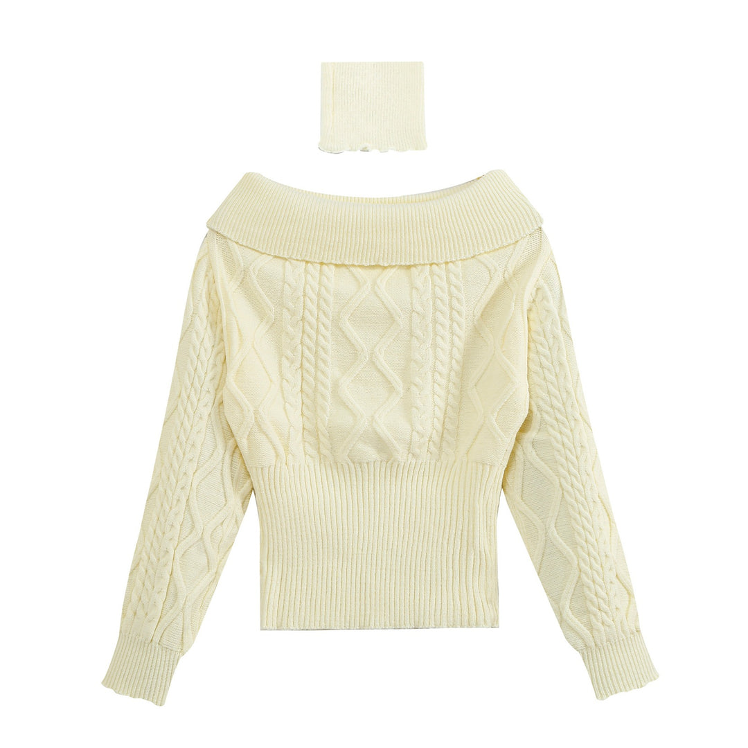 Women's Off-Shoulder Cable Knit Sweater with Wide Ribbed Cuff and Folded Collar Amarae