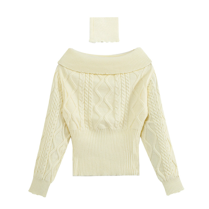Women's Off-Shoulder Cable Knit Sweater with Wide Ribbed Cuff and Folded Collar Amarae