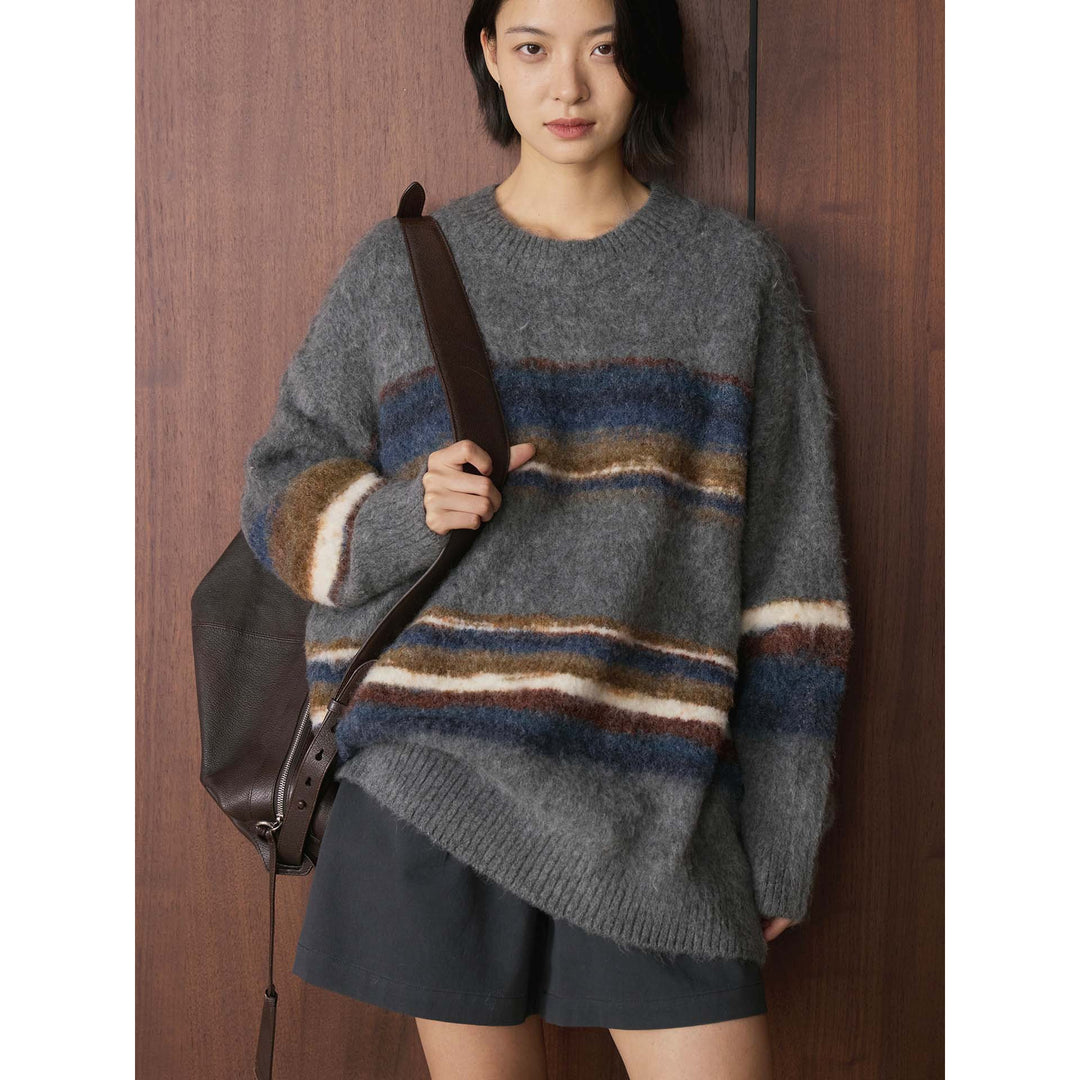 Women Soft Mohair Mix Sweater with Striped Relaxed Silhouette Amarae