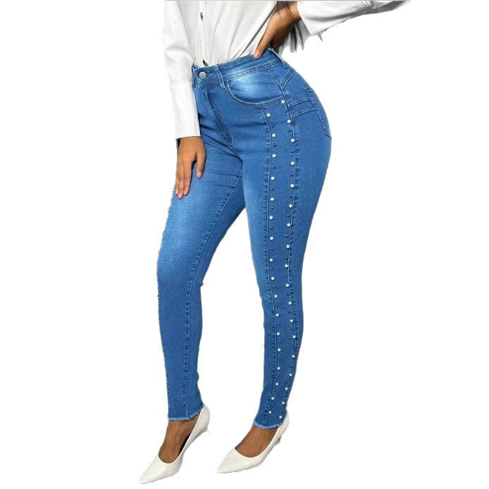 Women's shaping high-waisted skinny jeans with side pearl embellishment Amarae