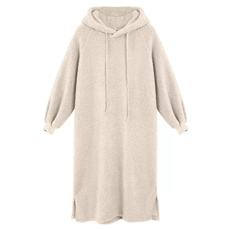 Women Fluffy Fleece Hooded Dress with Ears and Side Slits Lune London