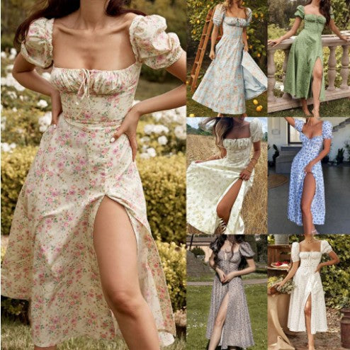 Chic Floral Patterned Puff Sleeve Midi Dress for Women