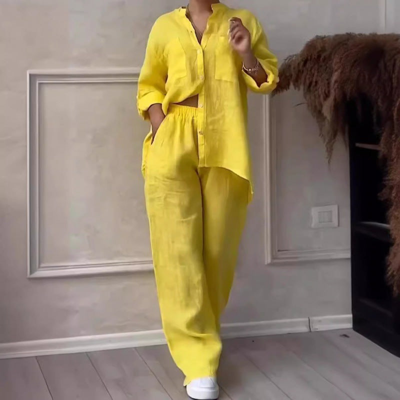 Women's Wide Linen Blend Pants with High Elastic Waistband, Drawstring and Palazzo Silhouette Amarae