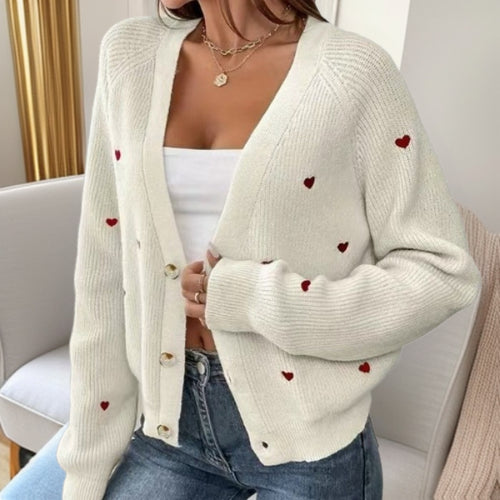 Ladies casual cardigan with heart-shaped appliqués and deep V-neck Amarae